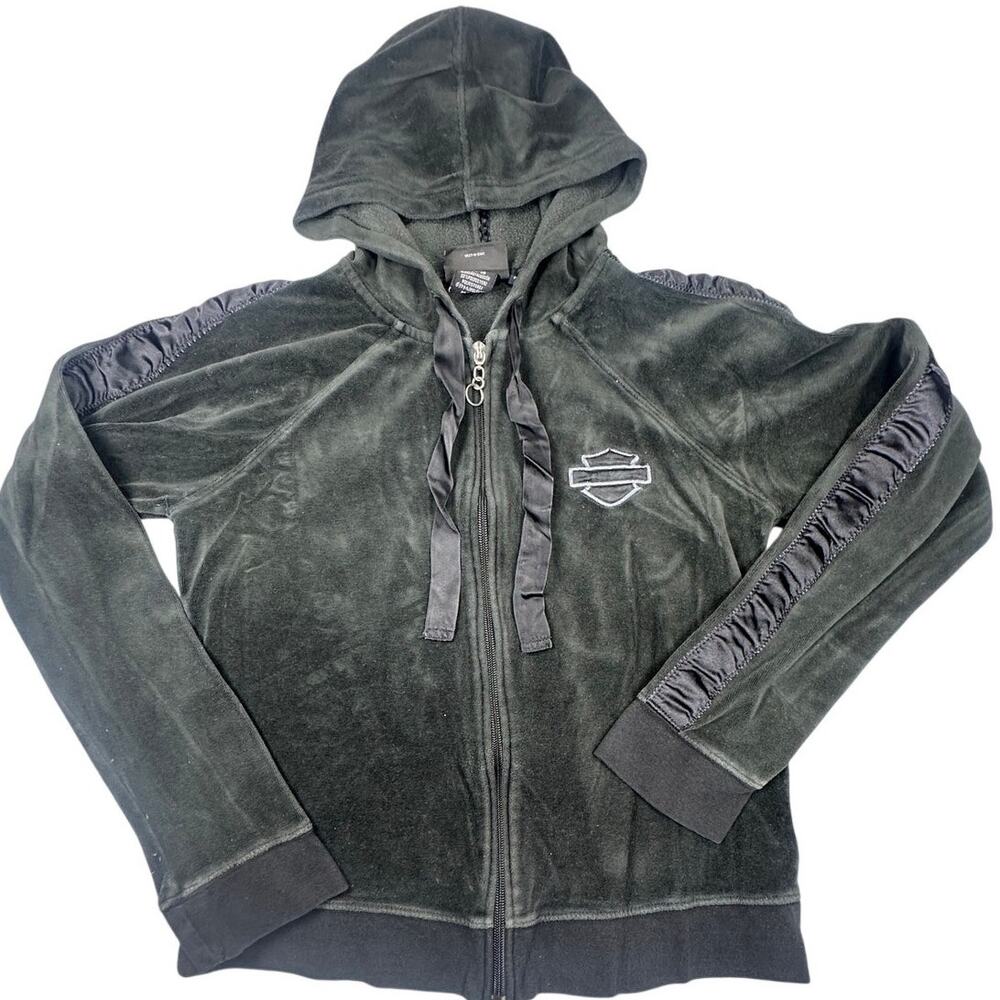 Harley-Davidson Velour Zip Hoodie Eagle Bar Shield Black Y2K Bike